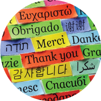 Ribbons with "thank-you" written on them in different languages. Bristol Global offers language training for relocating employees.